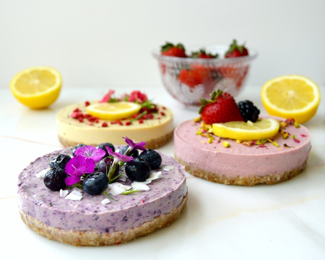 Mini Lemon Ginger, Strawberry Lemon and Blueberry Lavender Cheesecakes (Raw, Vegan) by Plantbased Baker